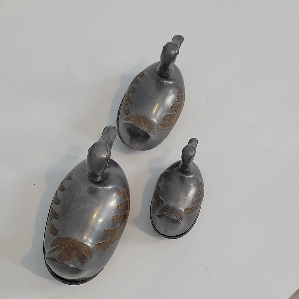 Vintage Chinese Pewter & Brass Overlay Duck Trinket boxes set of 3